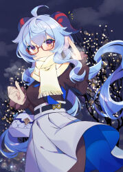 Rule 34 | 1girl, absurdres, black pantyhose, black shirt, blue hair, blush, brown eyes, clenched hand, covered mouth, earmuffs, ganyu (genshin impact), genshin impact, grey skirt, highres, horns, long sleeves, looking at viewer, no nose, pantyhose, red-framed eyewear, red horns, scarf, shirt, skirt, snow, solo, white scarf, yomoi
