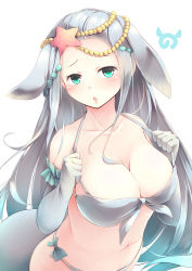 Rule 34 | 10s, 1girl, absurdres, animal ears, bare shoulders, bikini, blush, breasts, cleavage, collarbone, commentary, dugong (kemono friends), elbow gloves, extra ears, gloves, green eyes, grey bikini, grey hair, hair ornament, highres, japari symbol, jewelry, kanzakietc, kemono friends, large breasts, long hair, looking at viewer, open mouth, simple background, solo, starfish, swimsuit, tail, very long hair, white background