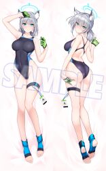 Rule 34 | 1girl, animal ear fluff, animal ears, ass, black one-piece swimsuit, blue archive, blue eyes, breasts, competition swimsuit, dakimakura (medium), feet, gloves, green gloves, grey hair, halcon, halo, large breasts, legs, looking at viewer, lying, no shoes, on back, one-piece swimsuit, racerback, sample watermark, shiroko (blue archive), short hair, soles, swimsuit, toenails, toes, watermark