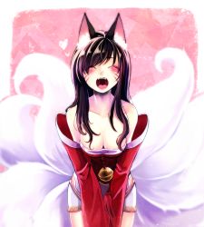 Rule 34 | 1girl, ahri (league of legends), animal ears, blue hair, breasts, detached sleeves, closed eyes, facial mark, fangs, fox ears, fox girl, fox tail, korean clothes, large breasts, league of legends, leaning forward, long hair, mizoreame, multiple tails, off shoulder, open mouth, solo, tail, v arms, whisker markings, wide sleeves