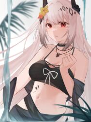 Rule 34 | 1girl, arknights, bikini, black bikini, black horns, black shawl, breasts, cleavage, closed mouth, commentary, cowboy shot, flower, hair flower, hair ornament, hand up, highres, horns, infection monitor (arknights), jewelry, long hair, looking at viewer, material growth, mudrock (arknights), mudrock (silent night) (arknights), navel, neame (neame nea25), necklace, official alternate costume, orange eyes, orange flower, oripathy lesion (arknights), ribbon, shawl, sidelocks, solo, standing, swimsuit, white hair, white ribbon, yellow flower