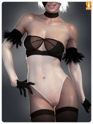 Rule 34 | 1girl, alternate costume, artist name, bare shoulders, blindfold, choker, collarbone, covered navel, elbow gloves, feather-trimmed sleeves, hand on own hip, lips, mole, mole under mouth, nier (series), nier:automata, parted lips, pussy, see-through, smile, solo, teeth, thighhighs, uncensored, white hair, 2b (nier:automata)