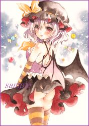 Rule 34 | 1girl, alternate costume, ascot, ass, back, bad id, bad pixiv id, bat wings, blush, border, candy, colored pencil (medium), elbow gloves, fang, food, gloves, halloween, halloween costume, hat, hat ribbon, light purple hair, looking at viewer, looking back, marker (medium), mob cap, multicolored clothes, multicolored legwear, open mouth, painting (medium), potto, potto (minntochan), red eyes, remilia scarlet, ribbon, sample watermark, shirt, short hair, skirt, smile, solo, striped clothes, striped gloves, striped thighhighs, sweets, thighhighs, torn clothes, torn skirt, touhou, traditional media, upskirt, watercolor (medium), watermark, wings