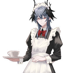 1boy absurdres alternate_costume apron arknights bow bowtie crossdressing cup dr.lamina dress enmaided frills highres holding holding_cup horns logos_(arknights) maid male_focus red_bow red_eyes solo sweatdrop white_apron white_background