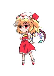 Rule 34 | 1girl, ascot, black eyes, blonde hair, chibi, clip studio paint (medium), collared dress, crystal, dairi, dress, flandre scarlet, frills, full body, hair between eyes, hair ribbon, hand up, hat, jewelry, looking to the side, mob cap, multicolored wings, one side up, open mouth, puffy short sleeves, puffy sleeves, red dress, red eyes, red footwear, red ribbon, ribbon, shirt, shoes, short hair, short sleeves, simple background, socks, solo, standing, tachi-e, touhou, transparent background, white background, white hat, white shirt, white socks, wings, yellow ascot
