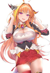 Rule 34 | 1girl, ahoge, asymmetrical legwear, blouse, bow, braid, breasts, cleavage, cleavage cutout, clothing cutout, collared shirt, diagonal-striped bow, fang, highres, hip vent, hololive, horn ornament, horns, kiryu coco, kiryu coco (1st costume), large breasts, long hair, looking at viewer, open mouth, orange hair, shirt, side braid, simple background, single braid, skindentation, solo, standing, thigh strap, thighhighs, thighs, uneven legwear, very long hair, virtual youtuber, white background, white shirt, yaman