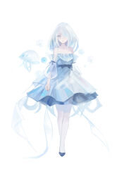 Rule 34 | 1girl, air bubble, bare shoulders, blue dress, blue eyes, blue hair, blue theme, breasts, bubble, collarbone, detached sleeves, dress, flats, full body, hair over one eye, highres, jellyfish, lama 064, light blue hair, looking at viewer, medium hair, original, pantyhose, puffy sleeves, ribbon, see-through, see-through dress, simple background, small breasts, solo, standing, tachi-e, white background, white pantyhose, white ribbon