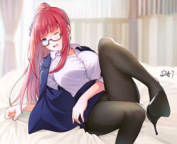 Rule 34 | 1girl, aged up, bed, black pantyhose, black ribbon, blazer, blue eyes, blue jacket, breasts, butterfly hair ornament, button gap, collared shirt, commentary request, curtains, da-cart, dress shirt, glasses, go-toubun no hanayome, hair ornament, high heels, high ponytail, highres, jacket, large breasts, long hair, nakano nino, one eye closed, open clothes, open jacket, open mouth, pantyhose, pencil skirt, pillow, pink hair, ribbon, shirt, sidelocks, skirt, solo, teacher, white shirt