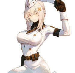 Rule 34 | 1girl, absurdres, armband, arms behind back, belt, belt pouch, black gloves, black necktie, braid, breasts, brown belt, closed eyes, closed mouth, french braid, garrison cap, gloves, grey hair, hair between eyes, hair ornament, hat, highres, jacket, large breasts, liv: empyrea (punishing: gray raven), liv (punishing: gray raven), necktie, own hands together, pouch, punishing: gray raven, short hair with long locks, skaven gongcheng shushi, solo, white background, white hat, white jacket, x hair ornament