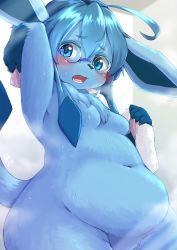 Rule 34 | 1girl, ahoge, bad id, bad twitter id, belly, blue eyes, blue fur, blue hair, blush, breasts, creatures (company), female focus, furry, furry female, game freak, gen 4 pokemon, glaceon, glasses, highres, navel, nintendo, no humans, nude, open mouth, plump, pokemon, pokemon (creature), round eyewear, shiitakemeshi, sidelocks, small breasts, solo, towel, wet