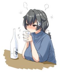 Rule 34 | 1girl, alcohol, angry, black hair, blue sweater, bottle, braid, breasts, drinking, hair flaps, hair ornament, hairclip, jingei (kancolle), kantai collection, large breasts, long hair, low ponytail, red eyes, sake, simple background, single braid, solo, squeans, sweater, tamu (mad works), upper body, white background