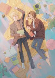 Rule 34 | 2boys, absurdres, atou haruki, barefoot, blanket, blonde hair, blue pants, book, brown eyes, brown hair, brown jacket, brown sweater, chinese commentary, closed mouth, colored eyelashes, commentary request, denim, green eyes, highres, holding, holding book, jacket, jeans, lying, male focus, multiple boys, no shoes, notebook, on floor, open clothes, open jacket, open mouth, pants, pen, relaxing, ribbed sweater, saibou shinkyoku, shinano eiji, shirt, short hair, smile, socks, sweater, turtleneck, turtleneck sweater, unworn socks, white shirt, white socks, xiachiotz