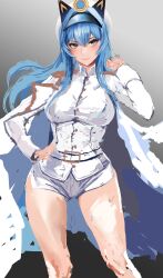 Rule 34 | 1girl, absurdres, badge, belt, blue eyes, blue hair, blush, breasts, closed mouth, coat, coat on shoulders, epaulettes, goddess of victory: nikke, gradient background, hand on own hip, hat, helm (nikke), highres, kyel hyde, large breasts, long hair, long sleeves, looking at viewer, military hat, military uniform, naval uniform, peaked cap, shirt, shorts, smile, solo, unfinished, uniform, white coat, white shirt, white shorts