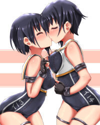 Rule 34 | 2girls, asymmetrical hair, black hair, black one-piece swimsuit, blush, breast cutout, breasts, brown neckerchief, closed eyes, covered erect nipples, cowboy shot, framed breasts, gloves, hair between eyes, highres, i-13 (kancolle), i-14 (kancolle), incest, kantai collection, kiss, medium breasts, multiple girls, neckerchief, nipple stimulation, nipple tweak, one-piece swimsuit, partially fingerless gloves, sailor collar, school swimsuit, short hair, siblings, swimsuit, swimsuit under clothes, twincest, twins, unomi, white background, yuri
