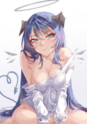 Rule 34 | 1girl, absurdres, aqua eyes, arknights, blouse, blue hair, breasts, cleavage, closed mouth, collarbone, convenient arm, convenient censoring, demon girl, demon horns, demon tail, detached wings, eyeshadow, groin, halo, heart, heart tail, highres, horns, innoarukugyou, large breasts, long hair, long sleeves, looking at viewer, makeup, mostima (arknights), no bra, no panties, off-shoulder shirt, off shoulder, shirt, simple background, sitting, smile, solo, tail, very long hair, white background, white shirt, wings