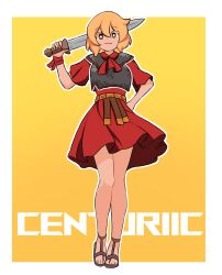 Rule 34 | 1girl, :3, absurdres, armor, blonde hair, border, borrowed character, breastplate, brown eyes, centurii-chan, commentary, corinna21210534, dress, english commentary, gradient background, hand on own hip, highres, holding, holding sword, holding weapon, looking at viewer, neckerchief, orange background, original, outer glow, outside border, red dress, red neckerchief, sandals, short dress, short hair, shoulder armor, solo, standing, sword, weapon, white border, wristband, yellow background