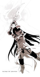 Rule 34 | 1girl, akisoba, arms up, breasts, character name, long hair, looking at viewer, monochrome, navel, ragnarok online, rune knight (ragnarok online), simple background, sword, very long hair, weapon, white background