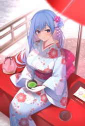 Rule 34 | 1girl, blue eyes, blue hair, blue kimono, blush, coin purse, cup, emori miku, hair ornament, highres, holding, holding cup, japanese clothes, kimono, liver city, long hair, looking at viewer, miko (royal milk), obi, outdoors, pink sash, railing, sash, second-party source, sitting, smile, solo, very long hair