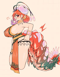 Rule 34 | 1girl, antennae, blush, bracelet, breasts, clenched hand, cropped legs, from side, gradient background, green tail, grid background, highres, jewelry, large breasts, large tail, long bangs, long hair, monster girl, multicolored eyes, multicolored tail, open mouth, orange hair, orange tail, original, pink tail, puff of air, purple hair, shrimp girl, solo, tail, thick thighs, thighs, uni (oni unicorn), white background, yellow background