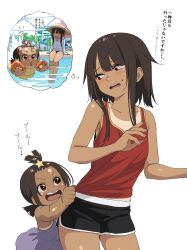 2girls alternate_costume bare_arms bare_shoulders black_shorts blush brown_hair collarbone commentary_request d: highres izawa_(bhive003) komekko kono_subarashii_sekai_ni_shukufuku_wo! megumin multiple_girls open_mouth paid_reward_available red_shirt shirt short_hair shorts siblings simple_background sisters sitting sweatdrop swimming tan teeth thought_bubble tongue translated upper_teeth_only water white_background