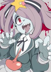 Rule 34 | 1girl, blue skin, colored skin, cosplay, crossover, grey skirt, hair ornament, hair over one eye, hands up, heart, highres, hoshikawa lily, hoshikawa lily (cosplay), little witch academia, long sleeves, nail polish, open mouth, pleated skirt, popopo, purple hair, red eyes, sharp teeth, skirt, smile, solo, star (symbol), sucy manbavaran, teeth, tongue, tongue out, upper body, white nails, zombie land saga