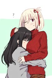 Rule 34 | 2girls, ?, between breasts, black hair, blonde hair, blush, bob cut, breasts, closed eyes, commentary, face between breasts, grey sweater, hair ribbon, hand on another&#039;s head, head between breasts, highres, inoue takina, jo er, large breasts, long hair, long sleeves, lycoris recoil, multiple girls, nishikigi chisato, one eye closed, one side up, red eyes, red ribbon, red sweater, ribbed sweater, ribbon, short hair, sidelocks, sleeves past wrists, sweater, yuri