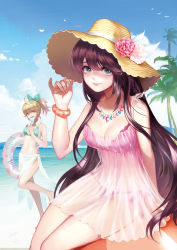 Rule 34 | 2girls, :d, bangle, beach, bikini, bikini top only, bird, blonde hair, bracelet, braid, breasts, brown eyes, brown hair, camisole, cleavage, closed mouth, cloud, collarbone, copyright request, day, flower, food, green bikini, green ribbon, hair ribbon, hat, head tilt, highres, holding, holding food, innertube, jewelry, large breasts, leg up, long hair, looking at viewer, medium breasts, momori, multiple girls, nail polish, navel, necklace, open mouth, orange nails, outdoors, palm tree, pink bikini, pink eyes, ponytail, popsicle, ribbon, sarong, see-through, side-tie bikini bottom, sitting, sky, smile, sun hat, swept bangs, swim ring, swimsuit, tree, very long hair, water