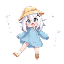 Rule 34 | 1girl, blue eyes, blush, bright pupils, child, commentary, genshin impact, hat, highres, kindergarten uniform, open mouth, paimon (genshin impact), school hat, short hair with long locks, simple background, sleeves past wrists, smile, smock, solo, symbol-only commentary, tamase tama, translated, tulip hat, white background, white hair, white pupils