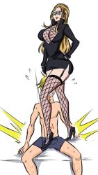Rule 34 | 1boy, 1girl, ball busting, bdsm, black dress, black gloves, blonde hair, breasts, bulge, cbt, cleavage, dress, earrings, femdom, fishnets, glasses, gloves, high heels, jewelry, kalifa (one piece), large breasts, legs, long hair, miniskirt, ocigart, one piece, skirt, stepping on penis, thighhighs, thighs