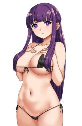 Rule 34 | 1girl, :t, bikini, black bikini, breasts, closed mouth, collarbone, cowboy shot, dot nose, embarrassed, eyebrows, eyelashes, female focus, fern (sousou no frieren), hands on own chest, kenja panda, large breasts, legs together, long hair, looking at viewer, navel, purple eyes, purple hair, side-tie bikini bottom, sidelocks, simple background, solo, sousou no frieren, standing, swimsuit, white background