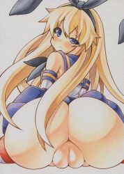 Rule 34 | 10s, 1girl, ass, blonde hair, blue eyes, blue skirt, blush, elbow gloves, fat mons, from behind, gloves, hairband, kantai collection, long hair, looking at viewer, looking back, marker (medium), millipen (medium), no panties, personification, pussy, shimakaze (kancolle), simple background, skirt, slit pupils, solo, thighhighs, traditional media, uncensored, uneven eyes, white background, yutakasan-love