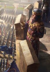 Rule 34 | army, banner, chalice, crown, cup, european clothes, fleur-de-lis, gwent (game), highres, holding, holding cup, king foltest, non-web source, official art, stone wall, the witcher (series), wall