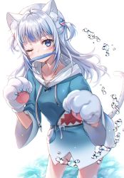 Rule 34 | 1girl, :3, amaki ruto, animal ears, animal hands, backlighting, blue eyes, blue hair, blue hoodie, blush, breasts, cat ears, cat tail, closed mouth, commentary, cowboy shot, english commentary, eyelashes, fish, gawr gura, gawr gura (casual), gloves, hair ornament, highres, hololive, hololive english, hood, hoodie, kemonomimi mode, long hair, looking at viewer, mouth hold, multicolored hair, one eye closed, paw gloves, shark hair ornament, short twintails, silver hair, simple background, small breasts, smile, solo, streaked hair, tail, twintails, two-tone hair, two side up, virtual youtuber, wading, water, water drop, white background