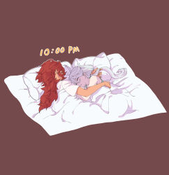 Rule 34 | 2girls, absurdres, brown background, closed eyes, commentary, green shirt, gundam, gundam suisei no majo, hand on another&#039;s back, highres, joker (jjjokerrr233), long hair, miorine rembran, multiple girls, pajamas, parted lips, pillow, red hair, shirt, simple background, sleeping, suletta mercury, under covers, white hair, white shirt, yuri
