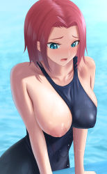Rule 34 | 1girl, blue eyes, blue one-piece swimsuit, blush, breast slip, breasts, code geass, collarbone, commentary request, embarrassed, highres, kouzuki kallen, large breasts, looking down, nipples, one-piece swimsuit, pool, puffy nipples, red hair, run sho, school swimsuit, short hair, skin tight, solo, swimsuit, undersized clothes, upper body, water drop, wet