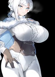 Rule 34 | 1girl, absurdres, akershus fortress (oshiro project), asymmetrical hair, badge, black background, blue eyes, blush, breasts, center frills, cloak, closed mouth, frills, gloves, highres, huge breasts, inushima, oshiro project:re, ribbed shirt, serious, shirt, simple background, solo, thighs, underbust, white hair