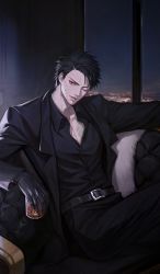 Rule 34 | 1boy, alcohol, alternate costume, alternate hairstyle, belt, belt buckle, black gloves, black hair, black jacket, black pants, black shirt, black suit, blurry, buckle, couch, cup, depth of field, drink, earrings, eyebrows, formal, gloves, highres, holding, holding cup, indoors, io 033, jacket, jewelry, korean commentary, long sleeves, looking at viewer, male focus, naruto (series), night, on couch, one eye closed, open clothes, pants, red eyes, scar, scar on face, sharingan, shirt, short hair, single earring, sitting, smirk, solo, suit, tattoo, uchiha obito