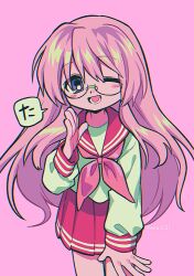 Rule 34 | artist name, blush, blush stickers, glasses, highres, lucky star, menma (enaic31), one eye closed, open mouth, pink background, pink hair, red sailor collar, red skirt, sailor collar, simple background, skirt, spread legs, takara miyuki, teeth, translation request, twitter username