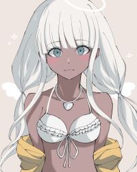 Rule 34 | 1girl, bare shoulders, bikini, breasts, closed mouth, commentary request, danganronpa (series), danganronpa v3: killing harmony, dark-skinned female, dark skin, frilled bikini, frills, grey eyes, halo, highres, jacket, jewelry, long hair, looking at viewer, necklace, off shoulder, shell, shell necklace, small breasts, smile, solo, swimsuit, twintails, upper body, yonaga angie, yu sha rei