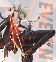 1girl arm_strap arm_up ass black_gloves black_jacket black_pants blonde_hair breasts character_name commentary dated english_commentary evelyn_chevalier gloves highres jacket large_breasts leg_up looking_at_viewer necktie pants purple_eyes shirt signature silberein sleeveless sleeveless_shirt solo tight_clothes tight_pants white_shirt yellow_necktie zenless_zone_zero