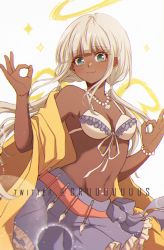 Rule 34 | 1girl, bead bracelet, bead necklace, beads, bikini, bikini top only, bikini under clothes, blush, bow, bracelet, breasts, collarbone, commentary, criis-chan, danganronpa (series), danganronpa v3: killing harmony, dark-skinned female, dark skin, english commentary, frilled bikini, frilled skirt, frills, ganguro, halo, hands up, jacket, jewelry, long hair, looking at viewer, low twintails, navel, necklace, off shoulder, ok sign, paintbrush, shell, shell necklace, skirt, smile, solo, sparkle, stomach, swimsuit, twintails, twitter username, white background, white hair, wide sleeves, yellow jacket, yonaga angie