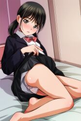 Rule 34 | 1girl, ass, barefoot, bed, bedroom, black hair, black jacket, black skirt, blush, bow, bowtie, brown eyes, clothes lift, heart, heart print, highres, jacket, long hair, long sleeves, looking at viewer, low twintails, matsunaga kouyou, on bed, open clothes, open jacket, open mouth, panties, pink panties, print panties, red bow, red bowtie, school uniform, shirt, sitting, skirt, skirt lift, striped bow, striped bowtie, striped clothes, twintails, underwear, white shirt