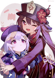 Rule 34 | 2girls, :d, = =, ainy, bead necklace, beads, black dress, black headwear, brown hair, clenched hand, closed mouth, coin hair ornament, commentary, dress, eyelashes, flower, flower-shaped pupils, genshin impact, ghost, hair ornament, hand up, hat, highres, hu tao (genshin impact), hug, jewelry, long hair, long sleeves, looking at another, looking at viewer, multiple girls, necklace, nervous, one eye closed, open mouth, plum blossoms, pout, purple dress, purple eyes, purple hair, purple headwear, qingdai guanmao, qiqi (genshin impact), red eyes, short hair, short sleeves, simple background, smile, sweat, symbol-shaped pupils, talisman, twintails, twitter username, upper body, white background