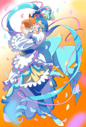 Rule 34 | 1girl, animal, blue footwear, blue hair, blue pantyhose, boots, closed eyes, cure spicy, cure spicy (party up style), delicious party precure, dog, dress, earrings, frilled sleeves, frills, fuwa kokone, gloves, hair ornament, high heel boots, high heels, highres, holding, holding animal, jewelry, leg up, long hair, long sleeves, magical girl, medium dress, open mouth, pam-pam (precure), pantyhose, petals, pink hair, precure, rope, side ponytail, smile, solo, standing, standing on one leg, tearing up, ton (ton39342104), very long hair, white dress, white gloves, wide sleeves