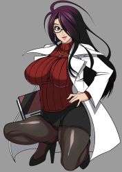 Rule 34 | 1girl, absurdres, black footwear, black pantyhose, breasts, clipboard, commentary request, earrings, glasses, green eyes, hair over one eye, hand on own hip, high heels, highres, impossible clothes, jewelry, justice gakuen, lab coat, large breasts, lipstick, long hair, makeup, minazuki kyouko, miniskirt, myougi kuraganosuke, necklace, panties, panties under pantyhose, pantyhose, purple hair, red sweater, ribbed sweater, skirt, smile, solo, squatting, sweater, underwear