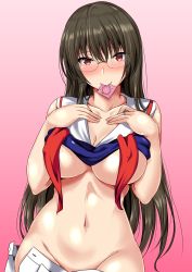Rule 34 | 1girl, absurdres, ar (lover boy), black hair, blush, breasts, choukai (kancolle), condom, covered erect nipples, curvy, glasses, groin, highres, kantai collection, large breasts, long hair, looking at viewer, mouth hold, navel, neckerchief, pink background, red eyes, red neckerchief, rimless eyewear, school uniform, serafuku, skirt, unworn skirt, solo, underboob, white skirt, wide hips