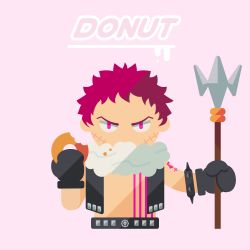 Rule 34 | 1boy, arm tattoo, belt, belt buckle, black gloves, black vest, bracelet, buckle, charlotte katakuri, chest tattoo, chibi, cropped torso, crumbs, doughnut, english text, food, food bite, food on clothes, forehead, fur collar, gloves, half-closed eyes, hands up, holding, holding food, holding trident, jewelry, looking at viewer, male focus, minimalism, no lineart, no shirt, one piece, open clothes, open vest, pink background, pink eyes, red hair, sasamiman, scar, scar on face, short hair, simple background, solo, spiked bracelet, spikes, stitches, straight-on, tattoo, upper body, v-shaped eyebrows, vest
