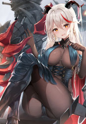 Rule 34 | 1girl, :d, aegir (azur lane), armored boots, ass, azur lane, bare shoulders, black gloves, bodystocking, boots, breast curtains, breasts, chinese commentary, cleavage, commentary, corset, cross, crossed legs, demon horns, earrings, elbow gloves, eric (tianqijiang), gloves, hair between eyes, hands up, high heels, highres, horns, iron cross, jewelry, large breasts, long hair, looking at viewer, multicolored hair, open mouth, rigging, sidelocks, simple background, sitting, smile, solo, streaked hair, taut clothes, turret, very long hair, white background, white hair, yellow eyes
