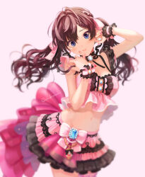 Rule 34 | 1girl, bare arms, bikini, bikini top only, blue eyes, blurry, brown hair, commentary request, depth of field, drdrmochi, earrings, frilled skirt, frills, highres, ichinose shiki, idolmaster, idolmaster cinderella girls, jewelry, layered skirt, long hair, looking at viewer, midriff, miniskirt, navel, pink background, pink nails, skirt, solo, swimsuit, twintails, wrist cuffs