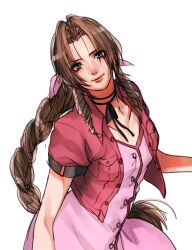 Rule 34 | 1girl, aerith gainsborough, ah yoshimizu, bow, brown hair, commentary, cropped jacket, dress, final fantasy, final fantasy vii, final fantasy vii remake, green eyes, hair bow, hand up, head tilt, highres, jacket, jewelry, leaning forward, light smile, long dress, looking at viewer, necklace, open clothes, open jacket, parted bangs, pink bow, pink dress, red jacket, short sleeves, sidelocks, simple background, smile, solo, standing, upper body, wavy hair, white background